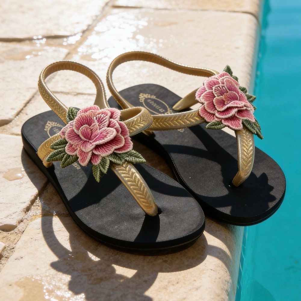 Joyfolie Designer Womens Cassia Embroidered Floral Flip Flop Sandals Size 8 NEW!
